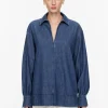 Puff-Sleeve Denim Blouse